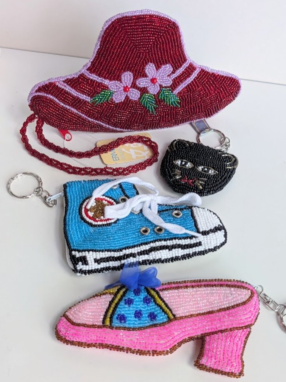 Beaded Pink High Heel Shoe Coin Purse & Black Cat Face Key Chain - Picture 6 of 9